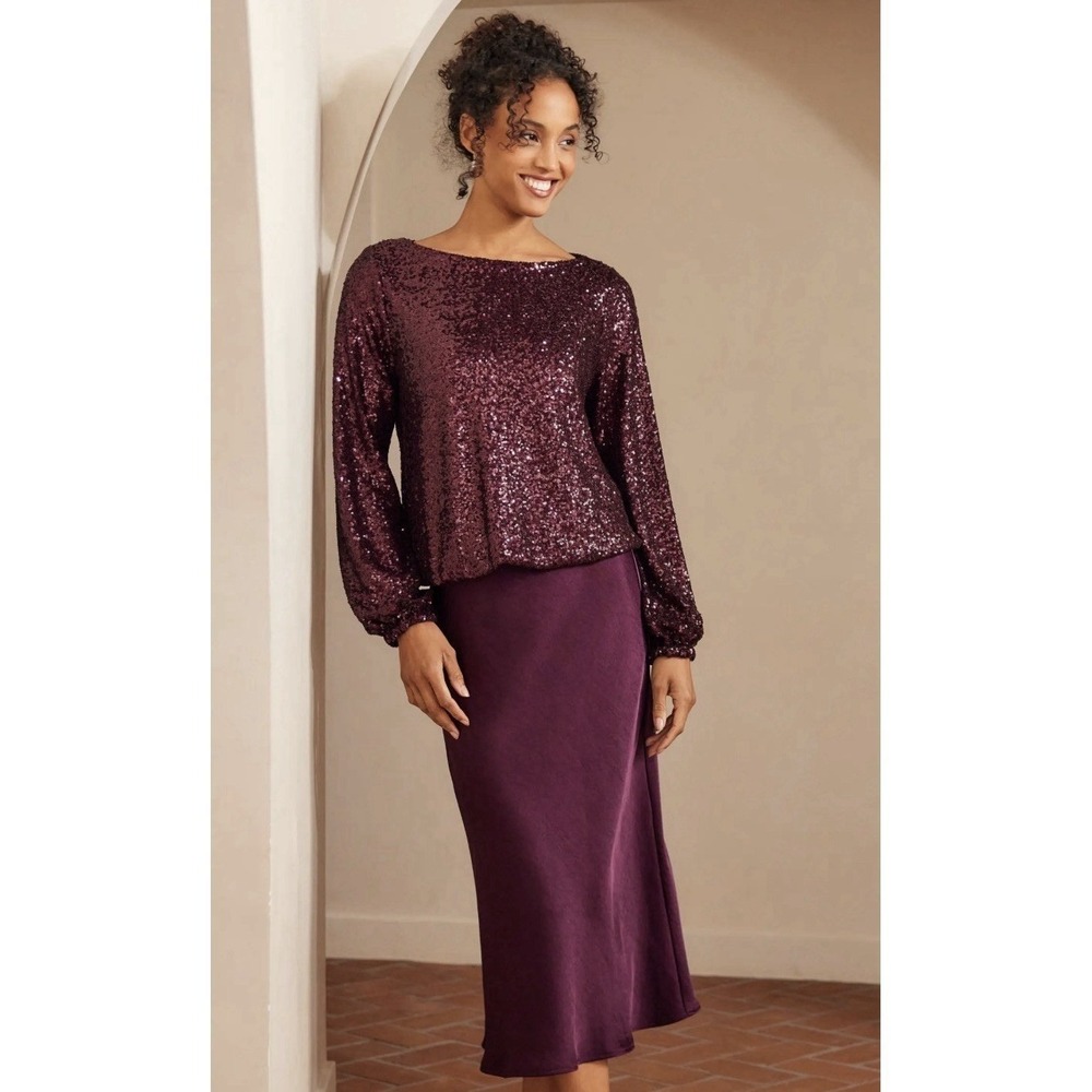 Karen Kane Sequin Boat Neck Top Eggplant